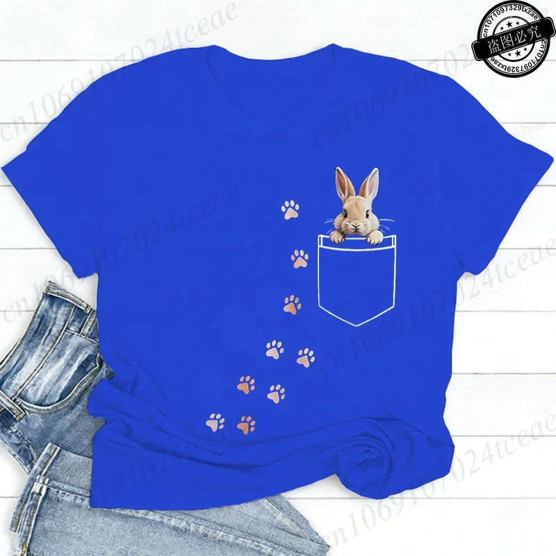 Pocket Bunny T-Shirts – Cute Rabbit Paw Prints T-Shirt Funny Bunny Graphic Tee Tops Sweet Rabbit Sitting in The Pocket Shirt
