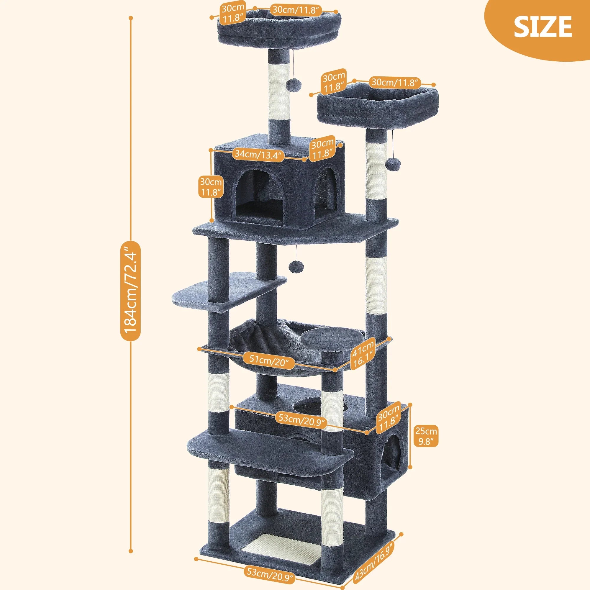 Pequlti 72" Multi-Level Cat Tree Tower with Condo & Hammock