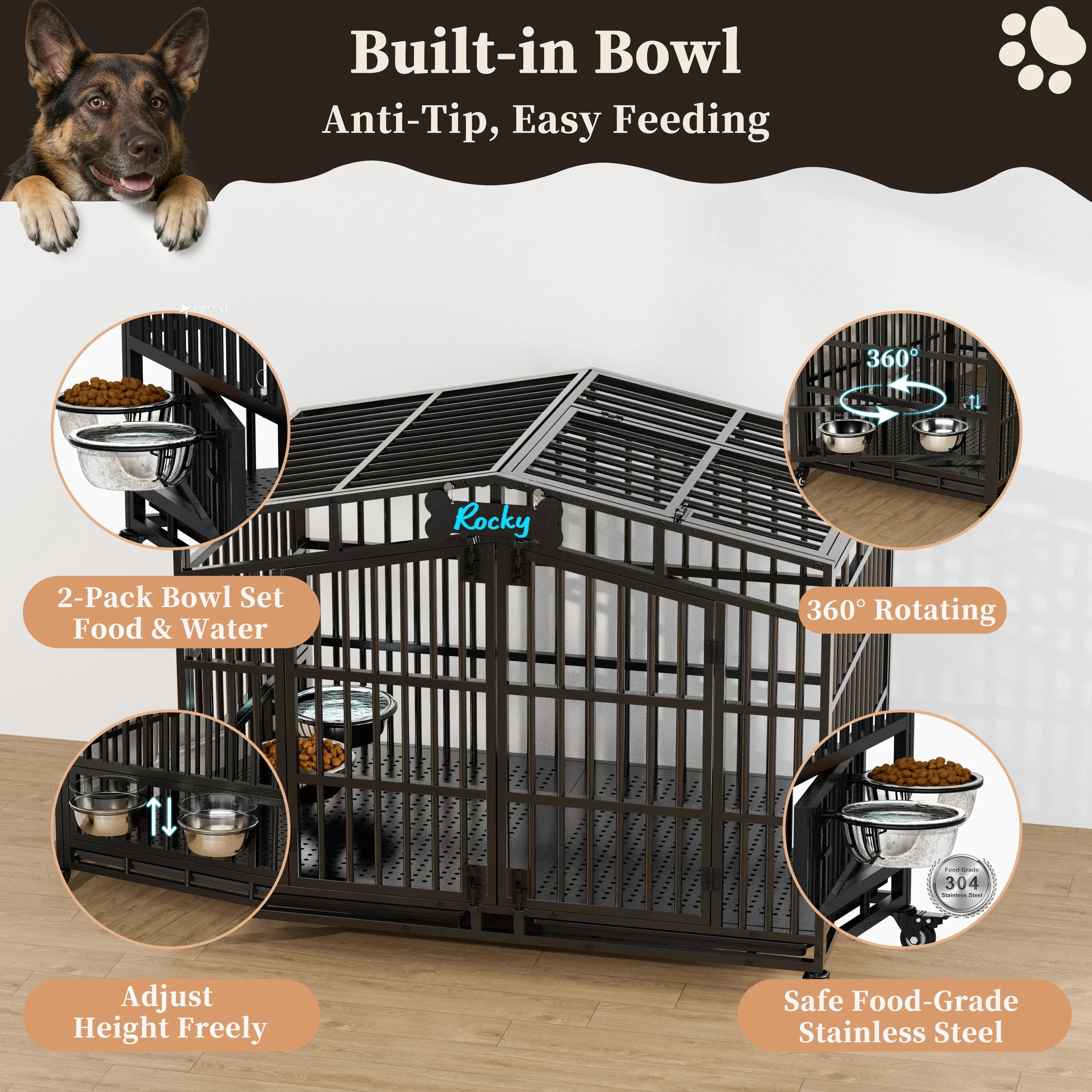 EasyCom Heavy Duty Metal Dog Crate with Bowls and Wheels
