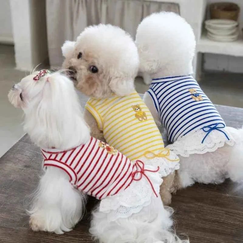 Pet Thin Striped Dress Dog Teddy Small Dog Yorkshire Lace Vest Dog Dresses for Small Dogs Puppy Clothes