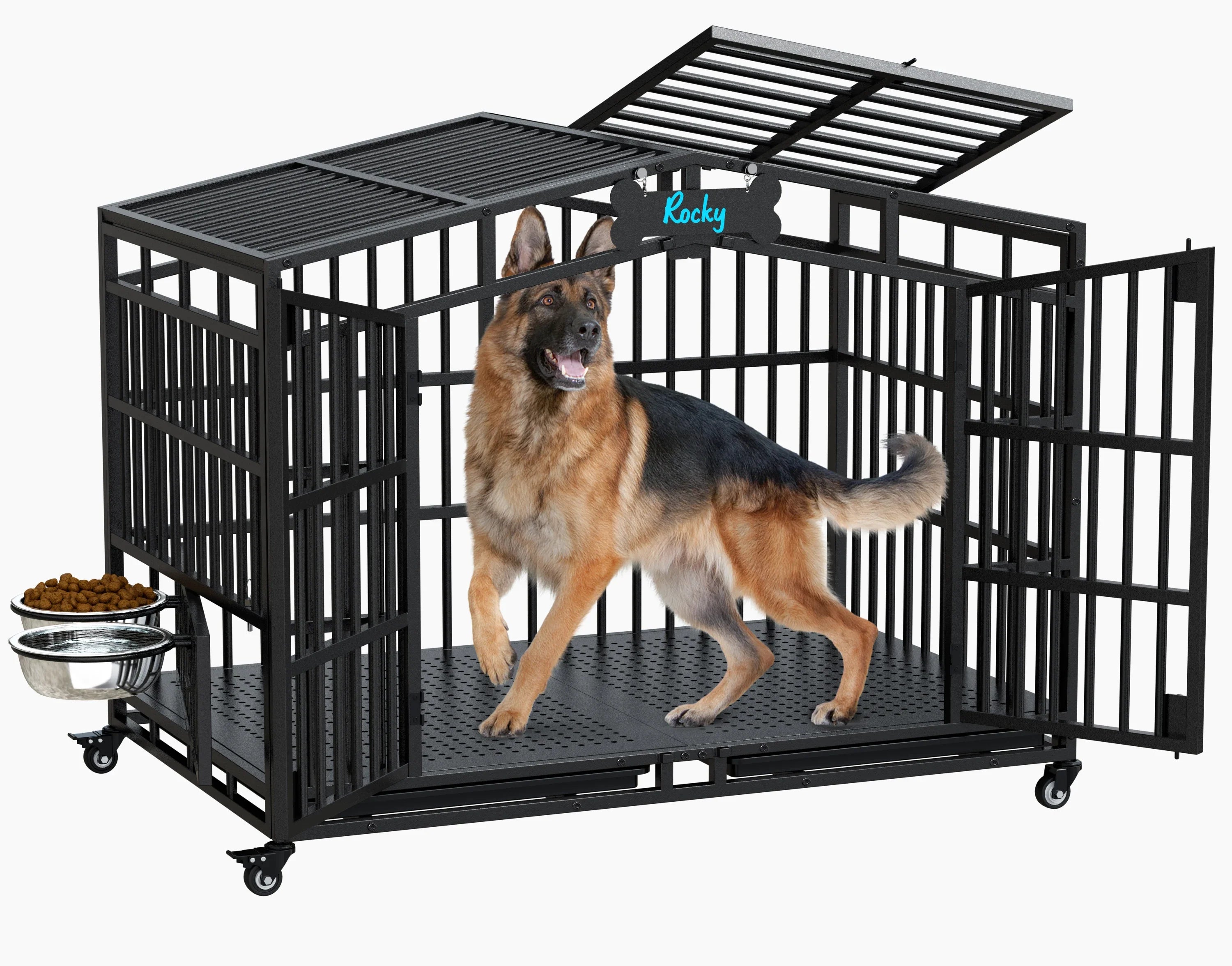 EasyCom Heavy Duty Metal Dog Crate with Bowls and Wheels