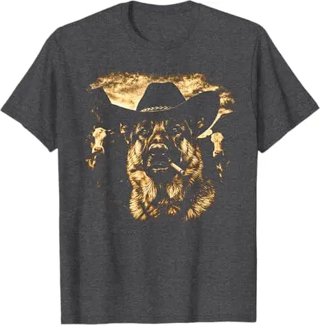 German Shepherd Western Graphic Cowboy Dog Smoking T-Shirt Ranch Farm Life Novelty Gift Men's Fashion Dog Dad Saying Tee Clothes