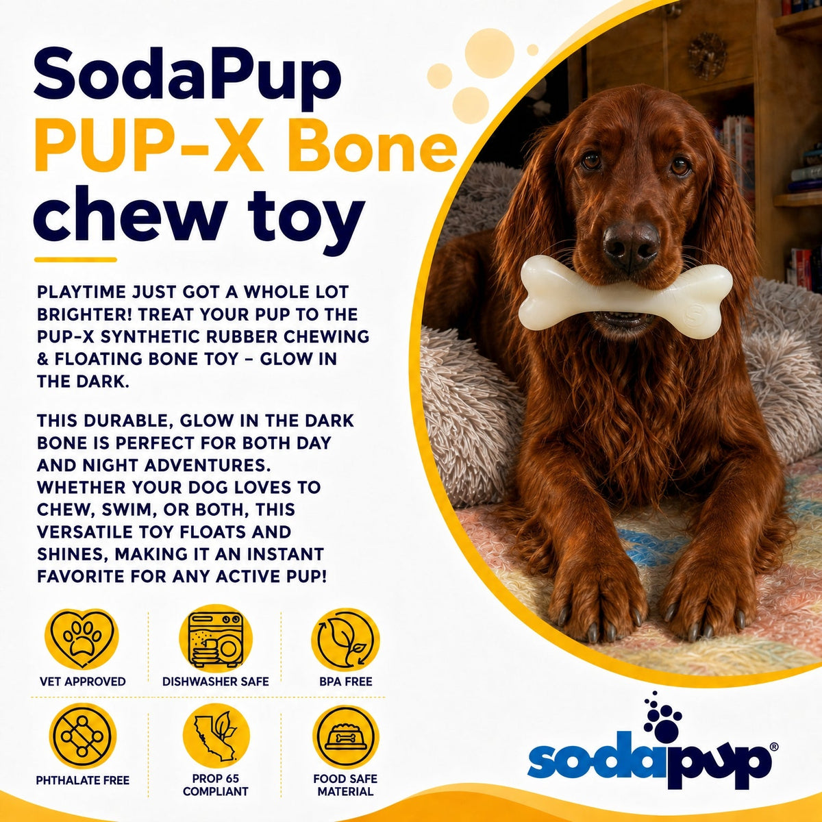 PUP-X Rubber Glow in the Dark Chew Bone Dog Toy - Durable, Floats, Chew Toy for Large Dogs | USA