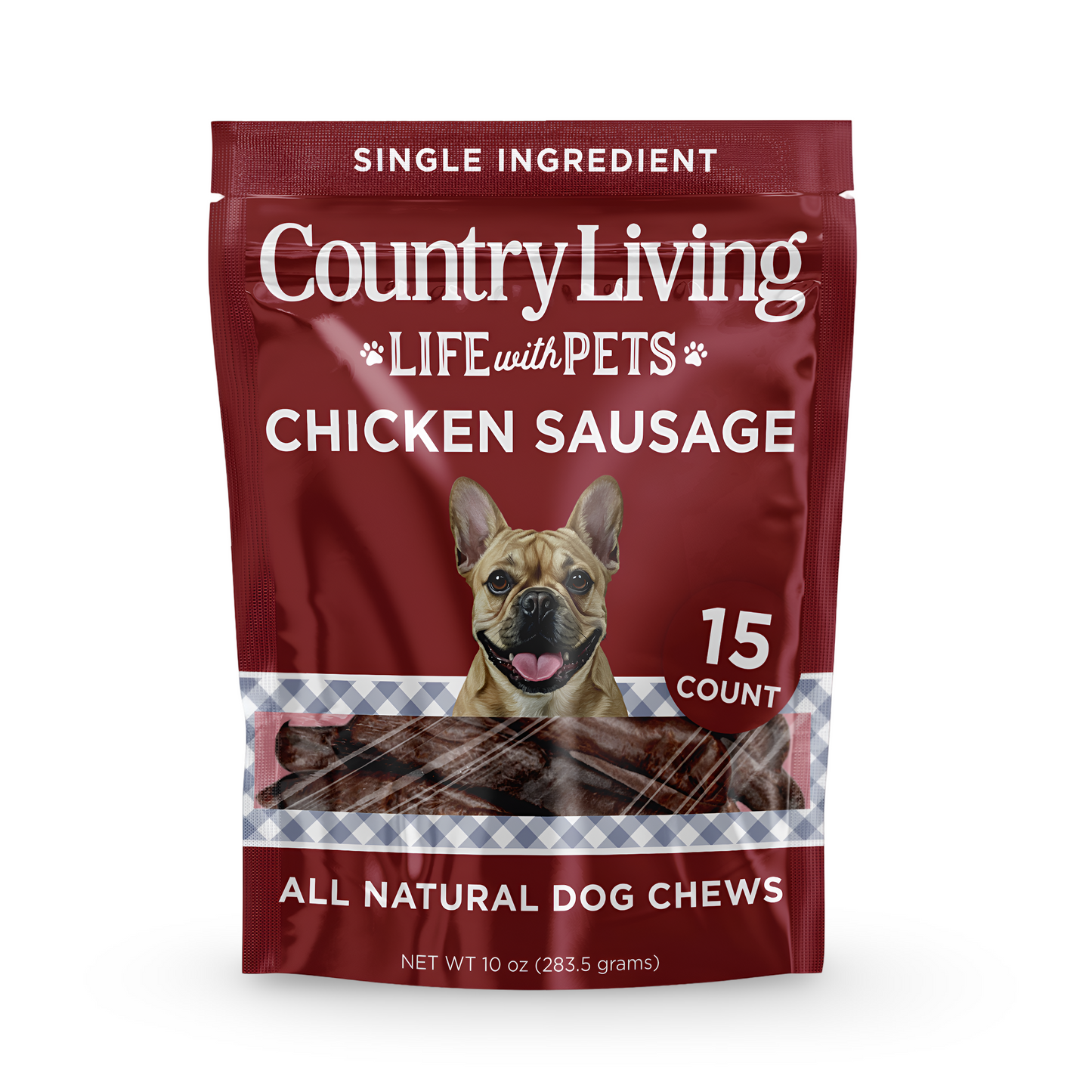 Country Living 4”-5” Beef Flavored Chicken Sausage Dog Treats – 15 Count Bag – Soft & Chewy, High-Protein Training & Reward Treats – Grain-Free, No Artificial Flavors or Preservatives American Pet Supplies