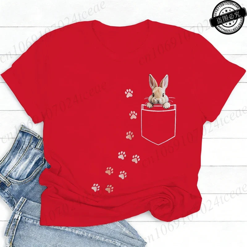Pocket Bunny T-Shirts – Cute Rabbit Paw Prints T-Shirt Funny Bunny Graphic Tee Tops Sweet Rabbit Sitting in The Pocket Shirt