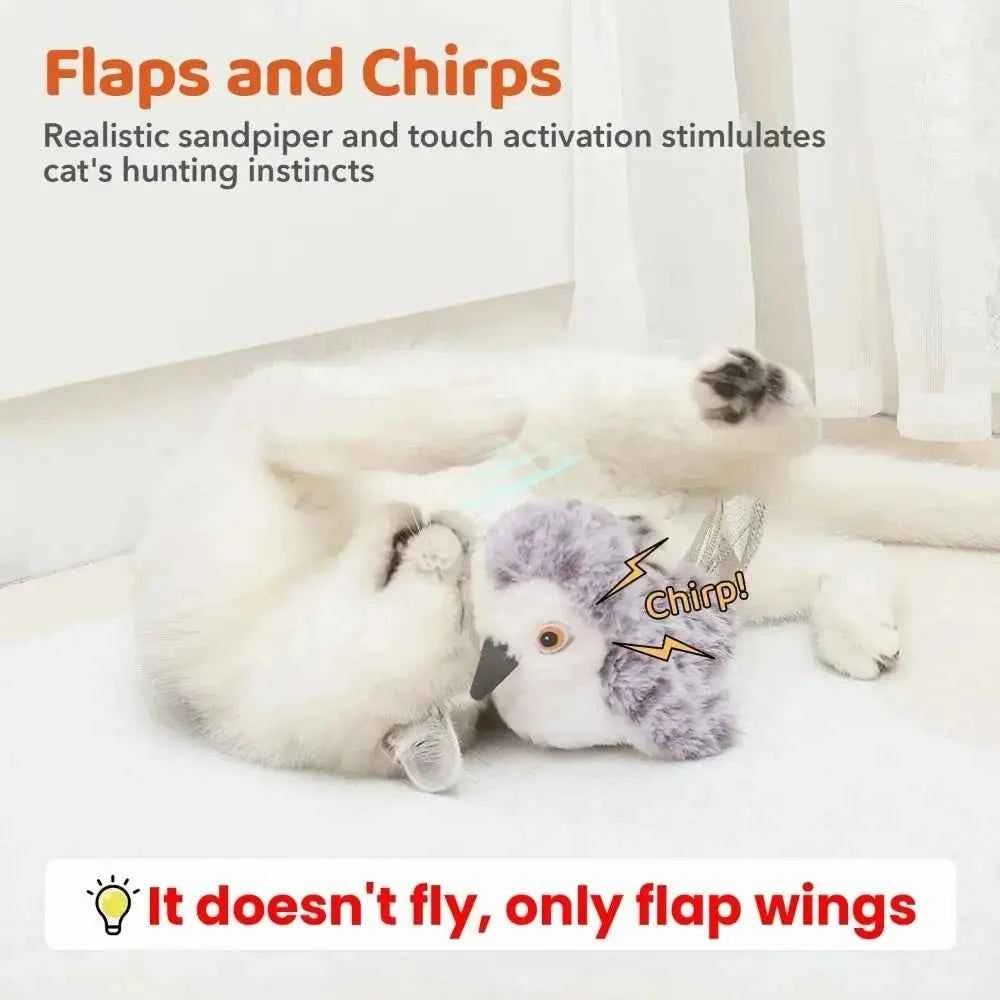 Rechargeable Flapping Bird Sparrow Cat Toy USB Vivid Chirping Interactive Flying Bird Cat Toys Touch-Activated Hangable