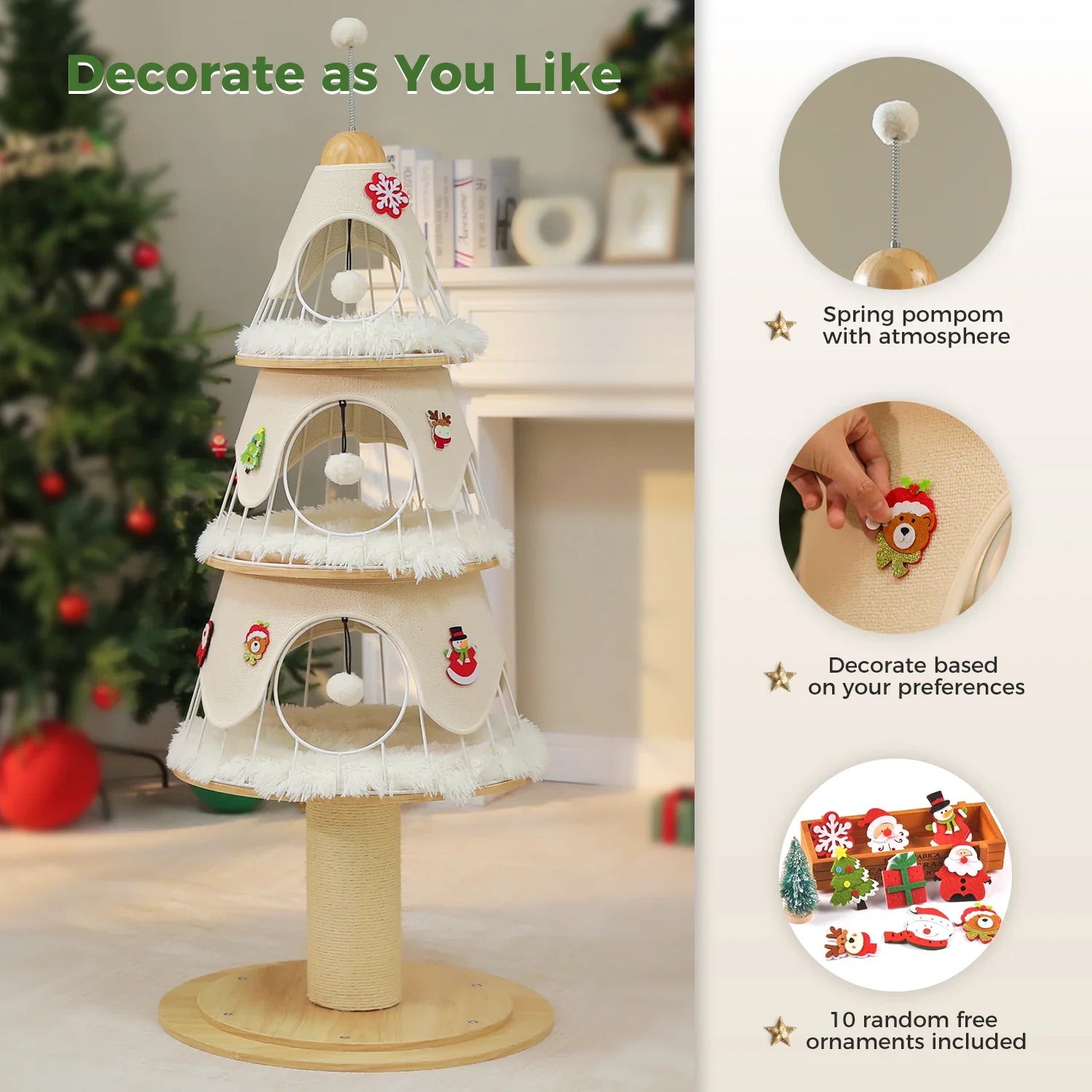 PAWZ Road Christmas Cat Tree Tower - 3 Condos Green/White 135cm