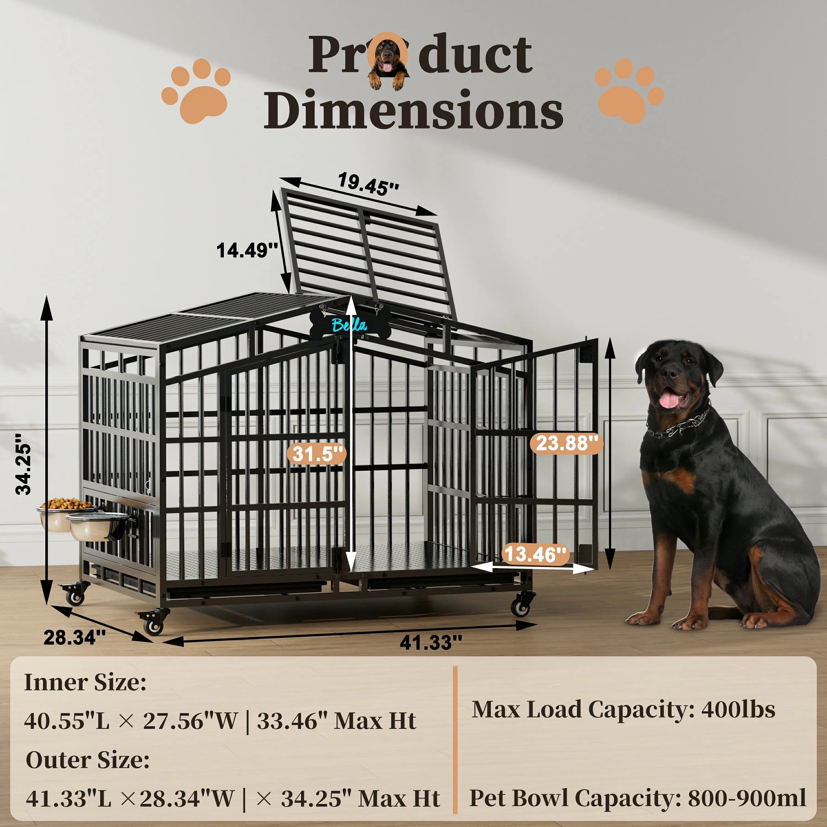 EasyCom Heavy Duty Metal Dog Crate with Bowls and Wheels