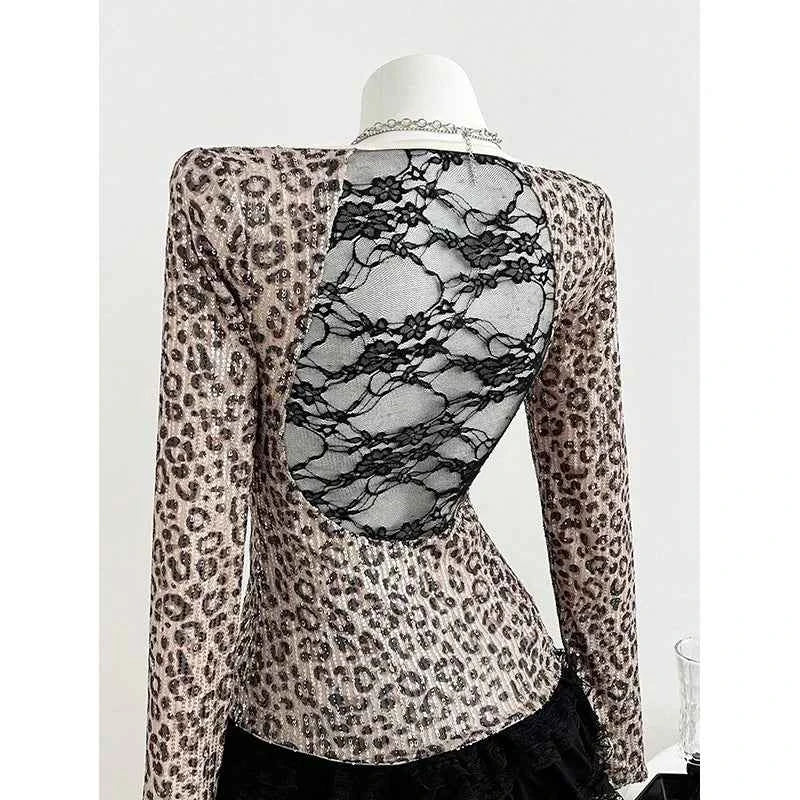 Benuynffy Leopard Print Scoop Neck Sequins T Shirt Women Spring Summer Fashion Long Sleeve Sexy Backless Lace Party Tops Tee
