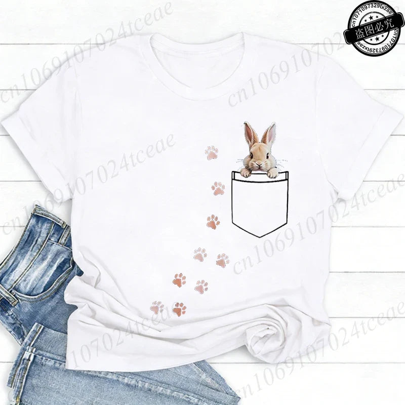 Pocket Bunny T-Shirts – Cute Rabbit Paw Prints T-Shirt Funny Bunny Graphic Tee Tops Sweet Rabbit Sitting in The Pocket Shirt