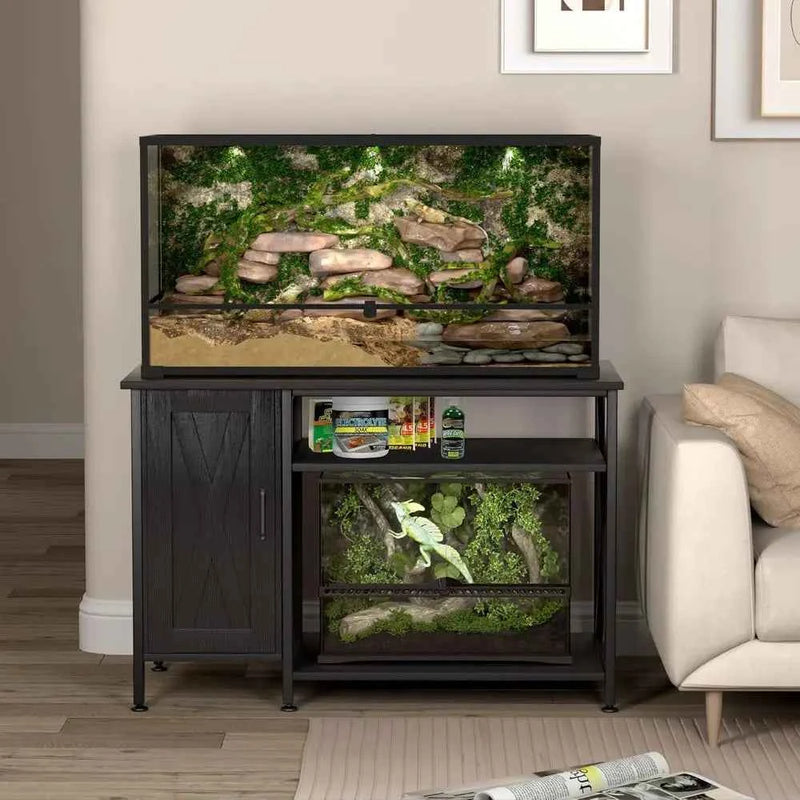 40-120 Gallon Black Reptile Tank Stand with Storage and Power Outlet, 48x24 Tabletop