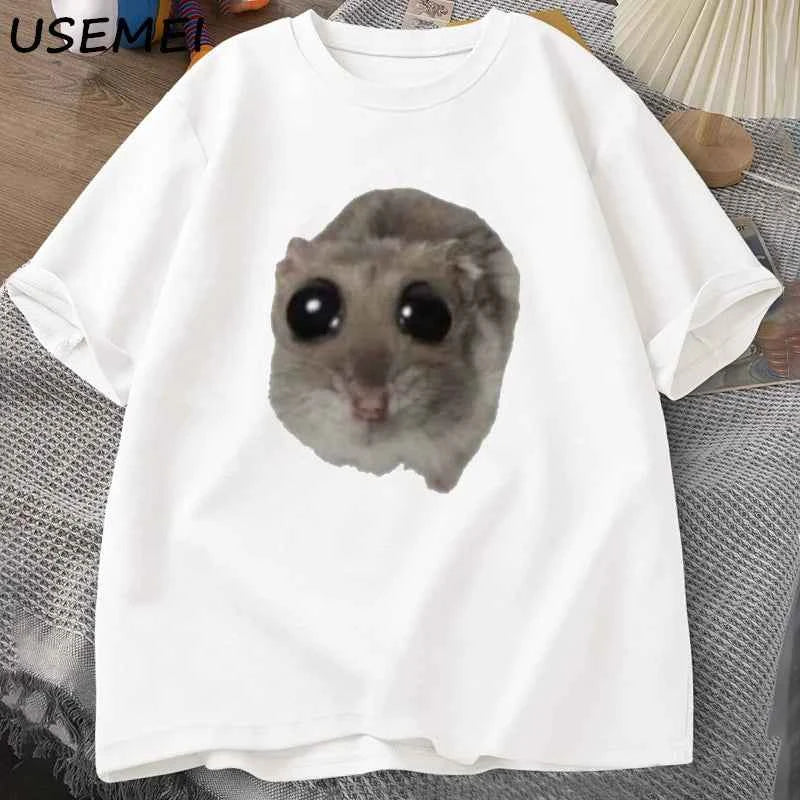 Sad Hamster T Shirt Funny Cute Cat Hamster Meme Trend T-shirt for Men Women Cotton T-shirt Summer Short Sleeve Unisex Tee