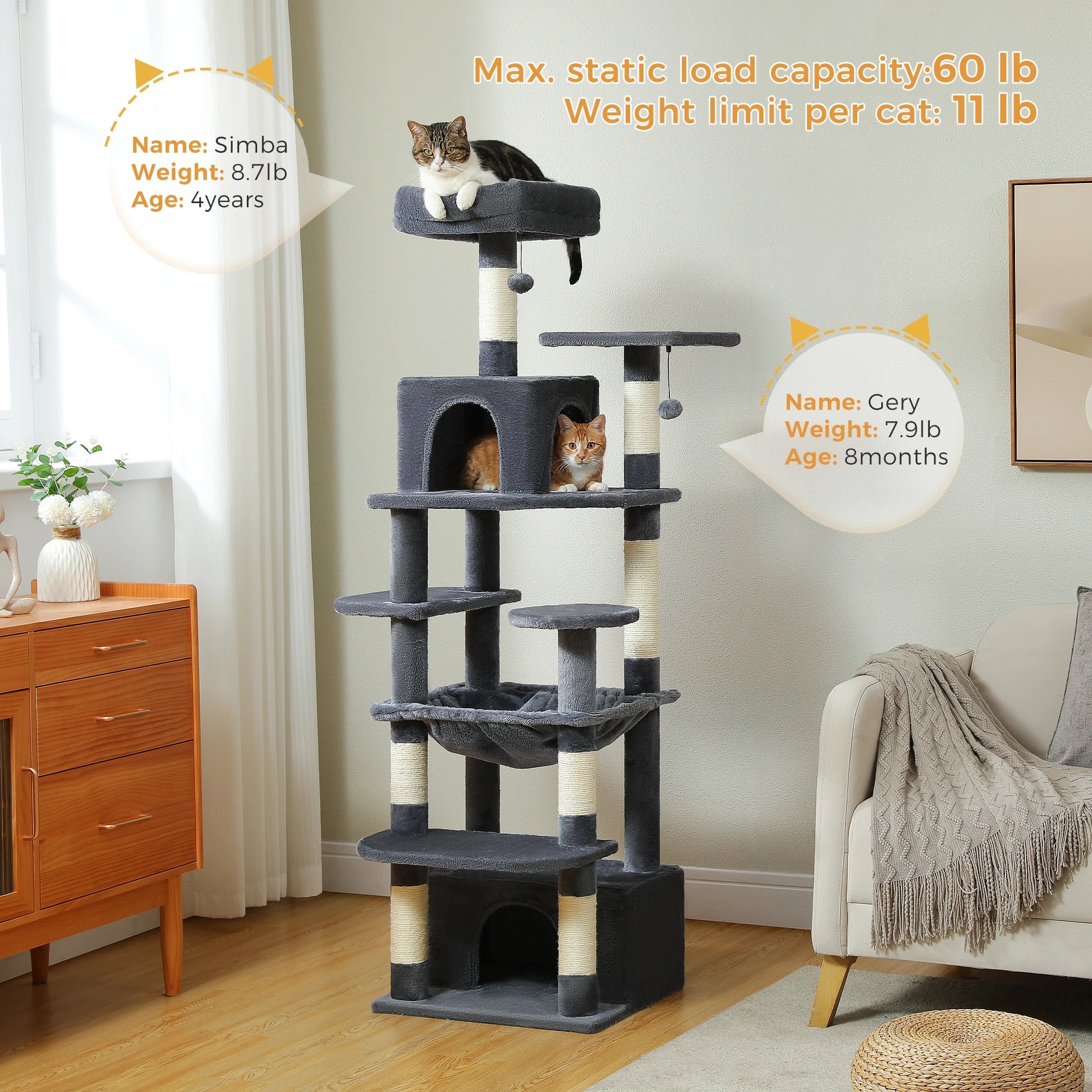 PAWZ Road Large Cat Tree Tower - 72" Multi-Level with Condo Grey