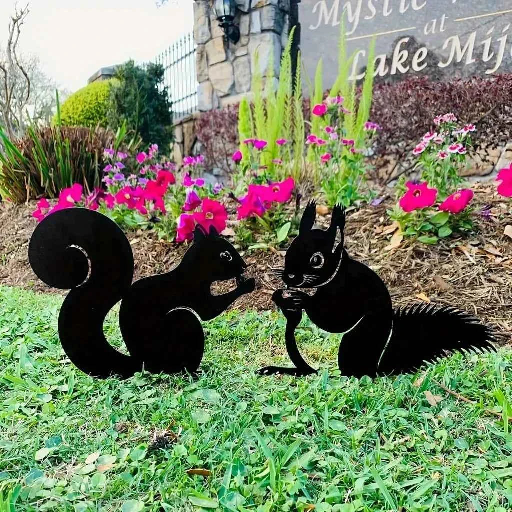 Hollow Wrought Iron Rabbit and Squirrel Garden Figurines