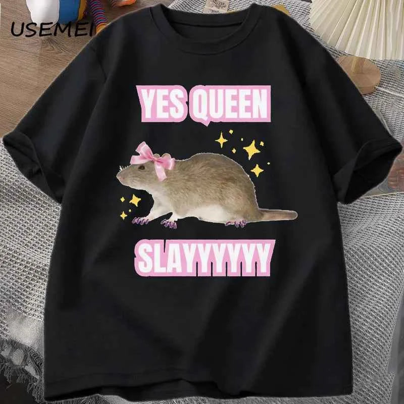 Yas Queen Slay T Shirt Humor Funny Cotton Short Sleeve Rat T-Shirt Men's Clothing Harajuku Retro Oversized Cotton T Shirt