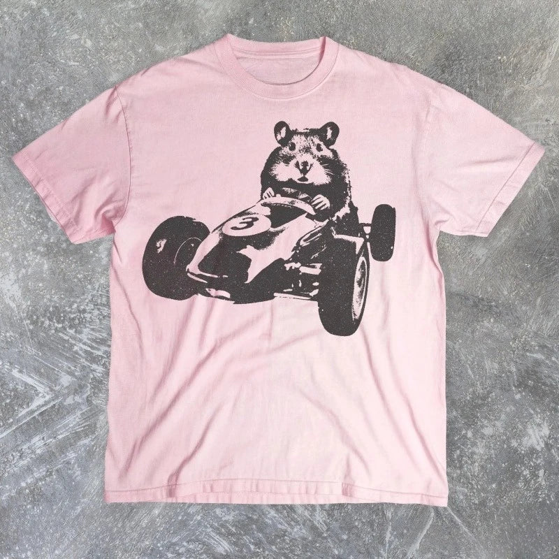 Funny Hamster Racing Y2K Retro Pattern T-shirt, Unisex Silly Hamster Aesthetic Shirt, 90s Retro Animal T-shirt, Humorous Gift