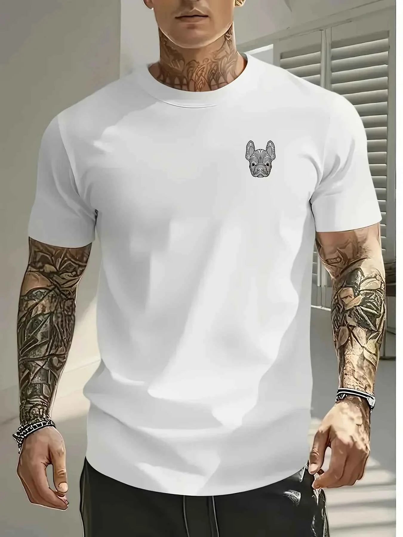 Minimal French Bulldog Chest Print Graphic Tee Men Breathable 100% Cotton Perfect Summer Streetwear Trendy Understated Casual