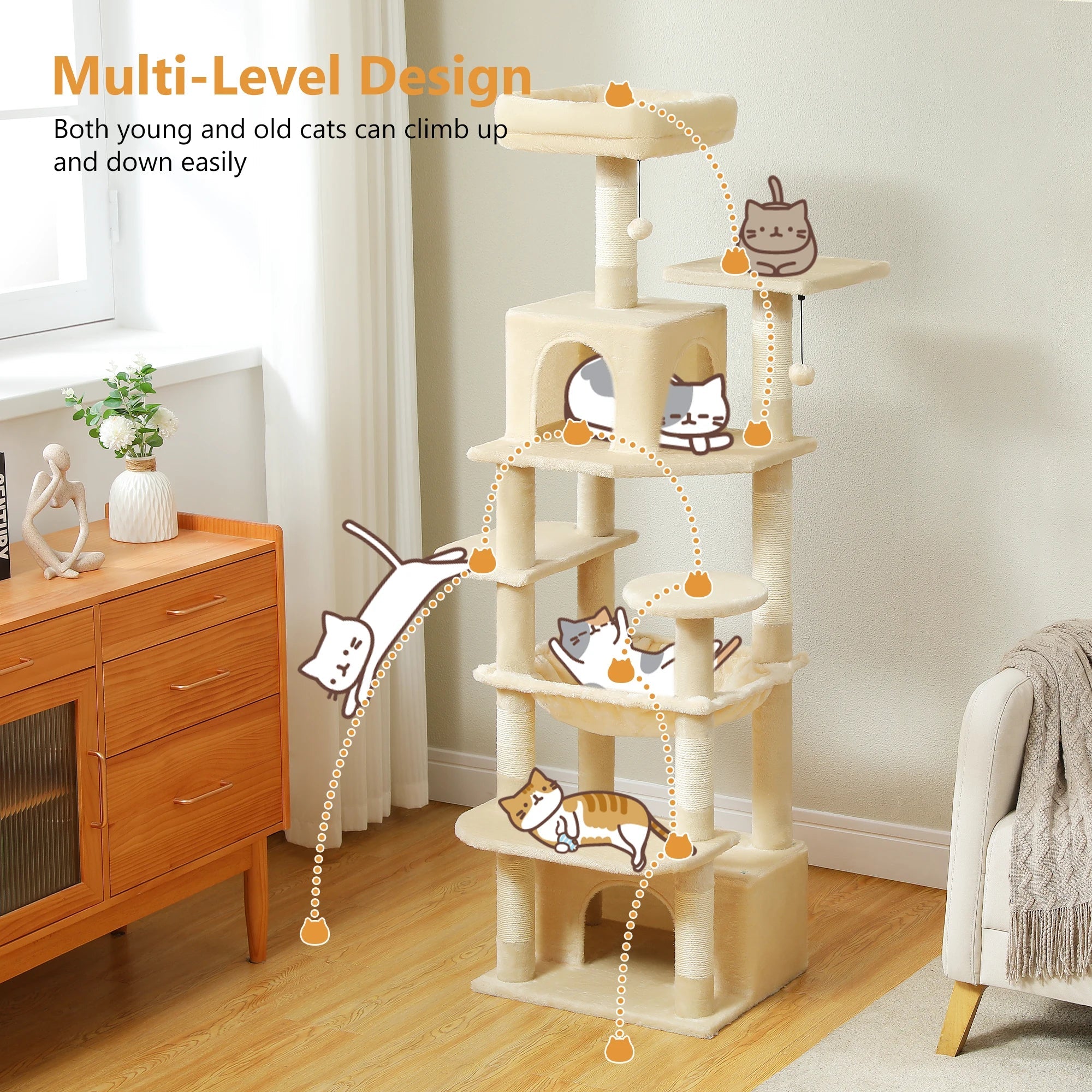 PAWZ Road 72" Large Cat Tree Tower with Hammock and Condo