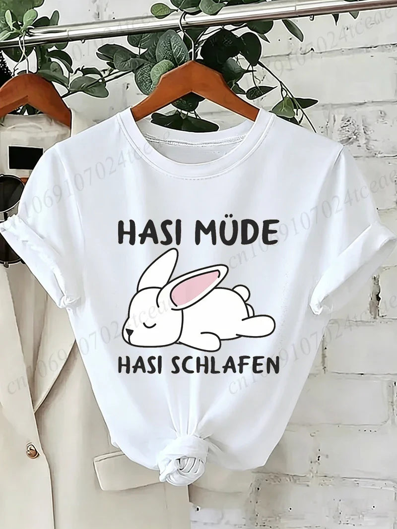 Bunny Is Tired T Shirts Lazy Bunny Graphic Tee Women Casual O Neck Short Sleeve Loose Streetwear Cute Rabbit Print T-Shirt Tops