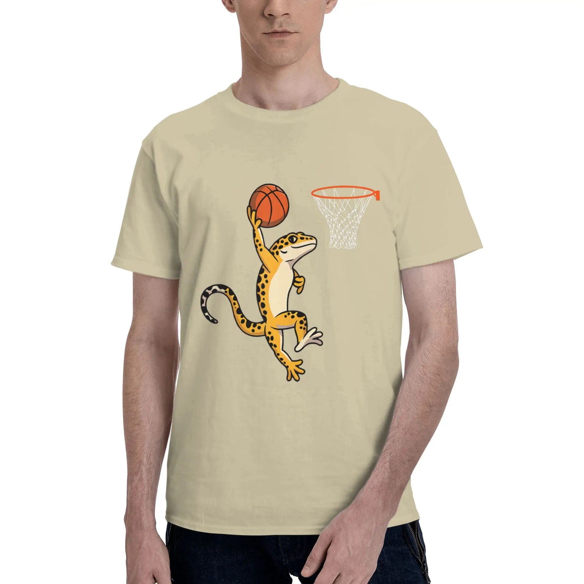 Leopard Gecko Playing Sports Lizard & Reptiles Basketball Men T-Shirt Clothes Tees Short Sleeve fugees 100% Cotton