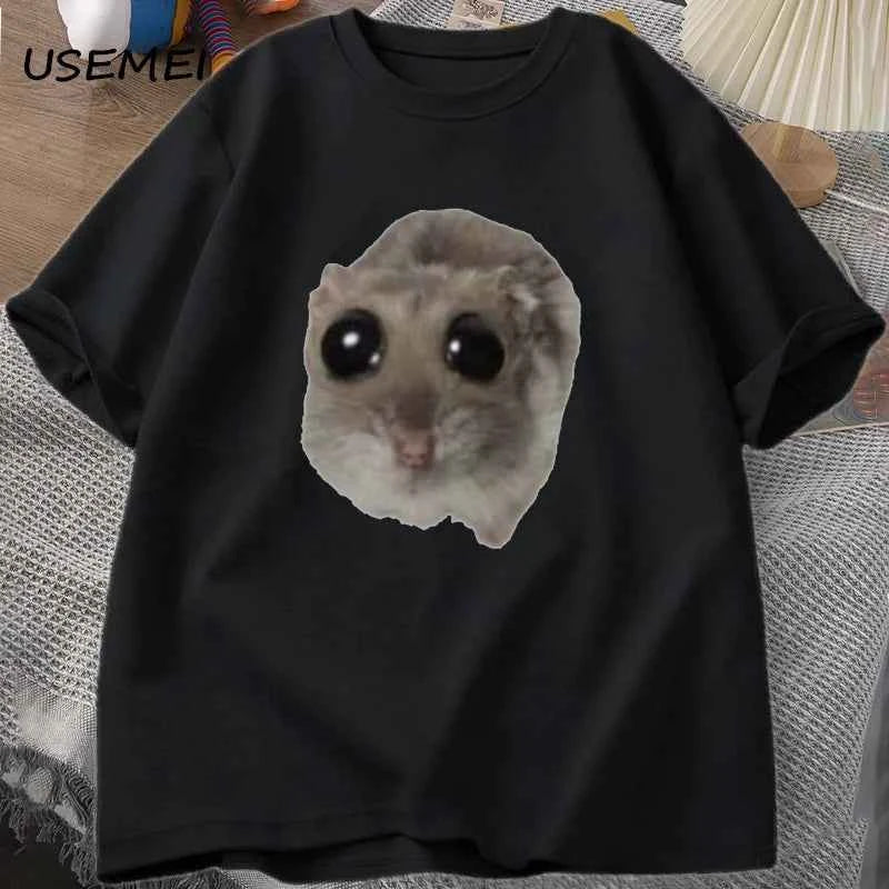 Sad Hamster T Shirt Funny Cute Cat Hamster Meme Trend T-shirt for Men Women Cotton T-shirt Summer Short Sleeve Unisex Tee