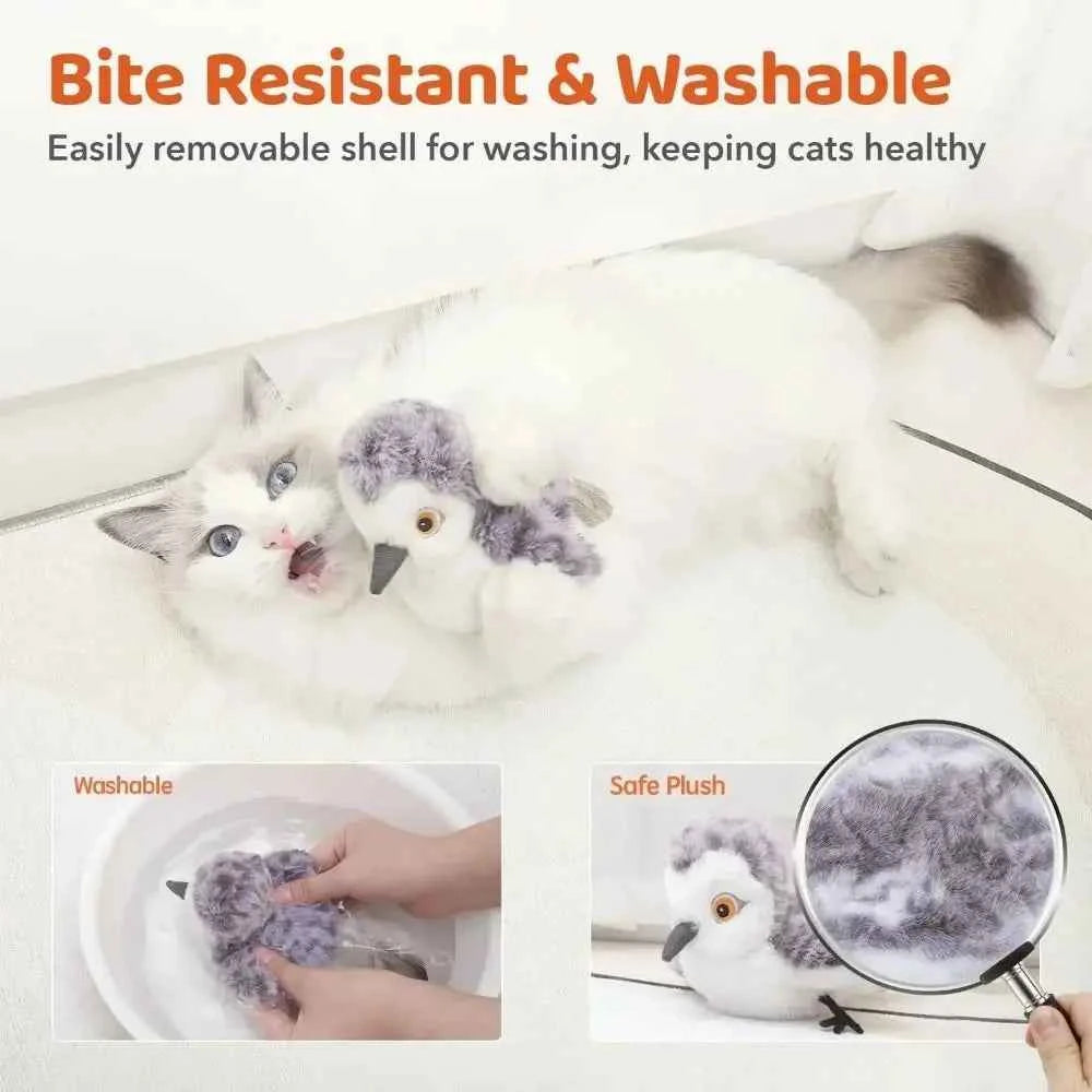 Rechargeable Flapping Bird Sparrow Cat Toy USB Vivid Chirping Interactive Flying Bird Cat Toys Touch-Activated Hangable