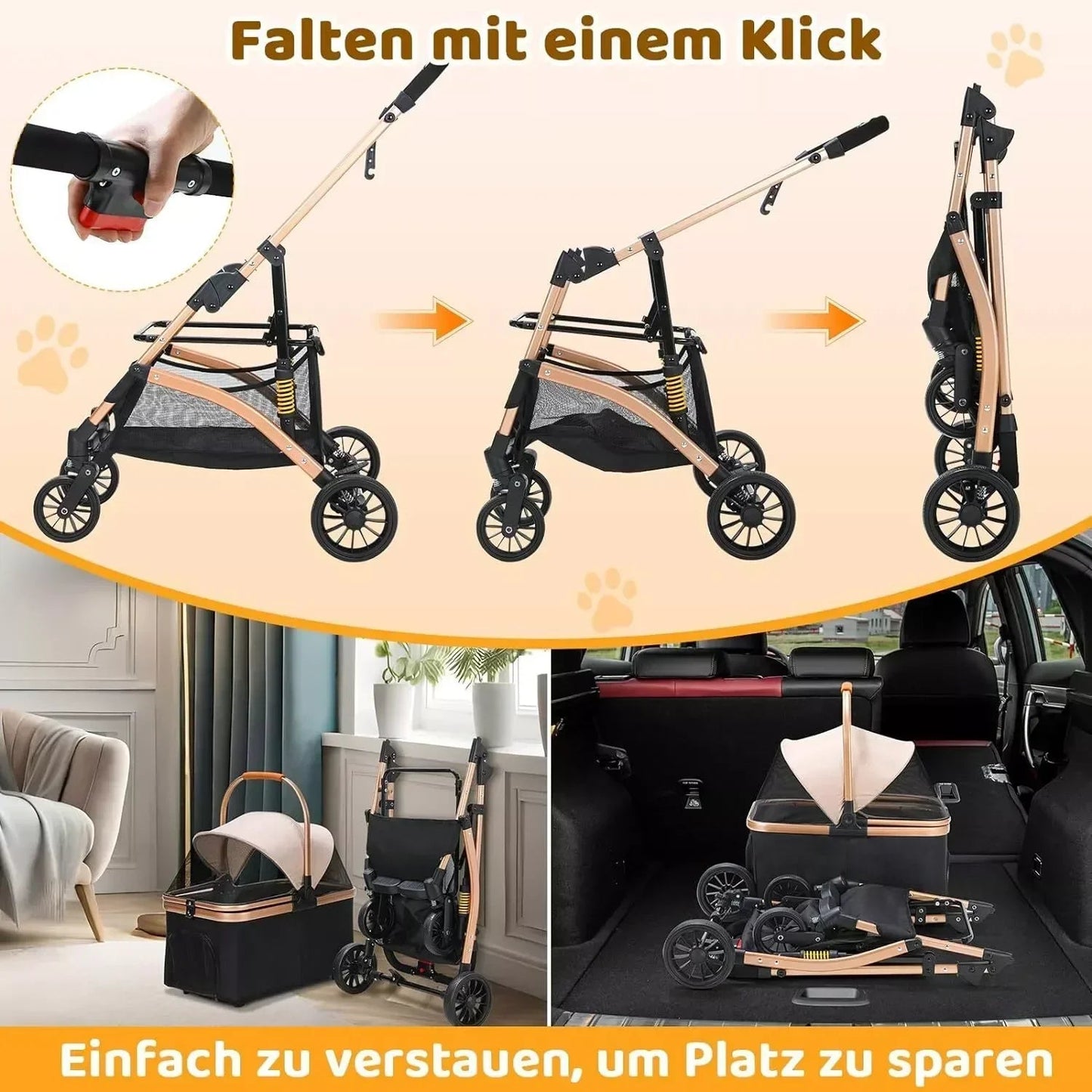 Luxury Pet Stroller for Small & Medium Dogs with Individual Basket Whisker Bark