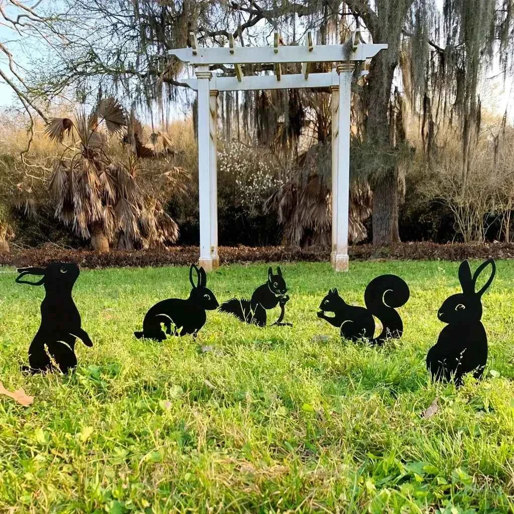 Hollow Wrought Iron Rabbit and Squirrel Garden Figurines