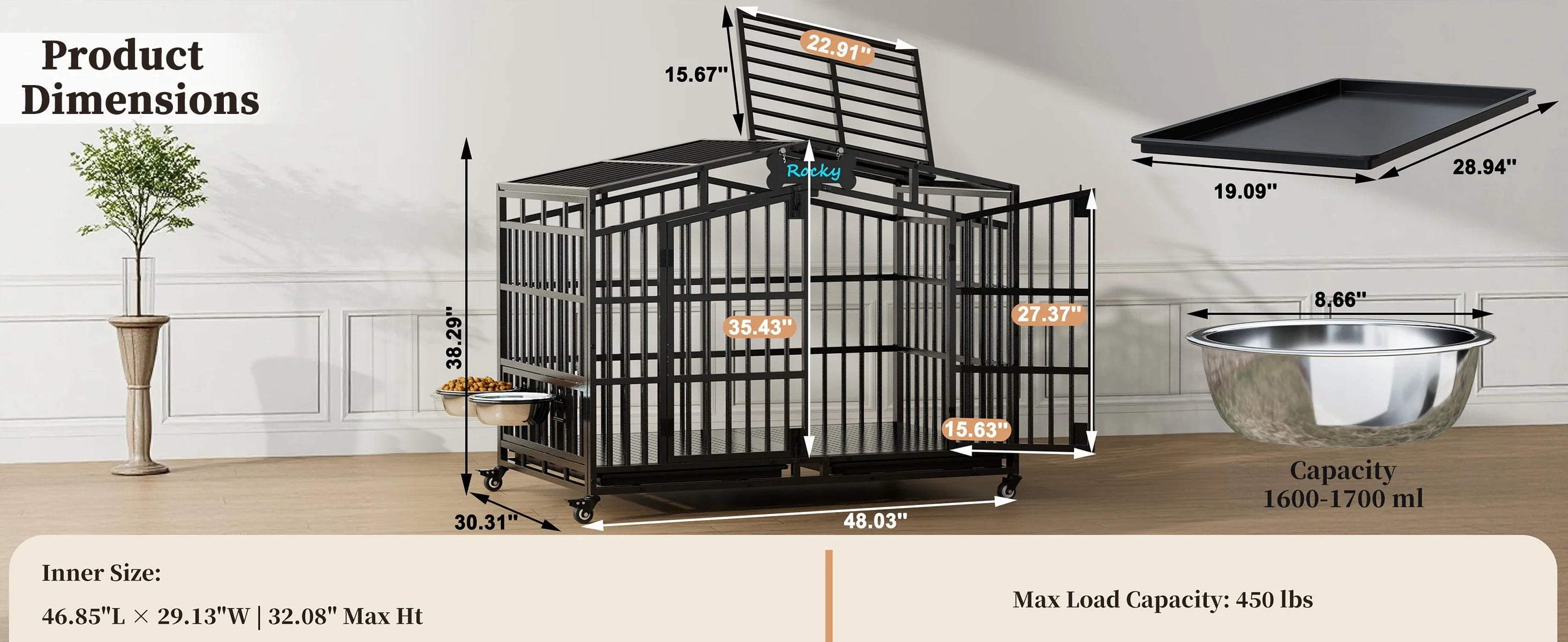 EasyCom Heavy Duty Metal Dog Crate with Bowls and Wheels