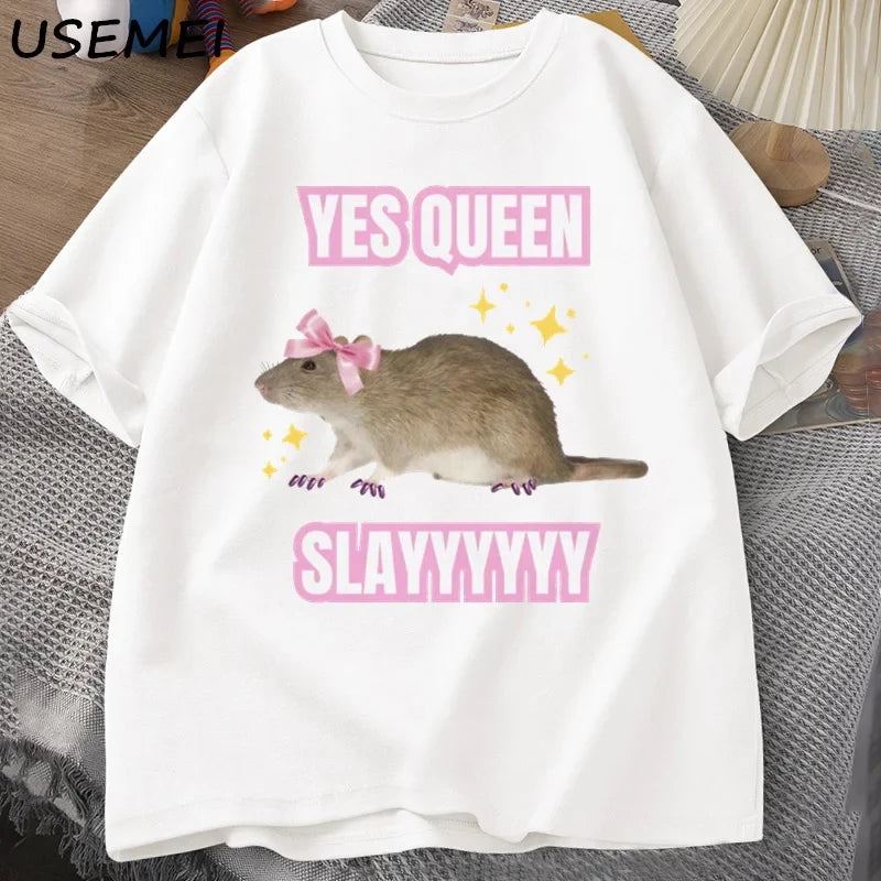 Yas Queen Slay T Shirt Humor Funny Cotton Short Sleeve Rat T-Shirt Men's Clothing Harajuku Retro Oversized Cotton T Shirt
