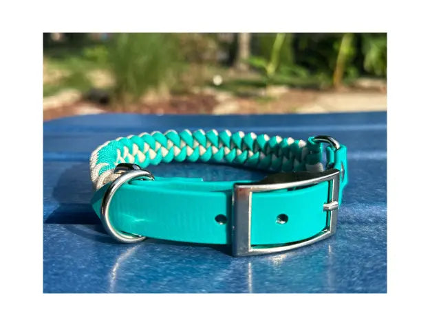 Fishtail Hand Braided Dog Collar in Teal & Cream Pawsh Pup Co.