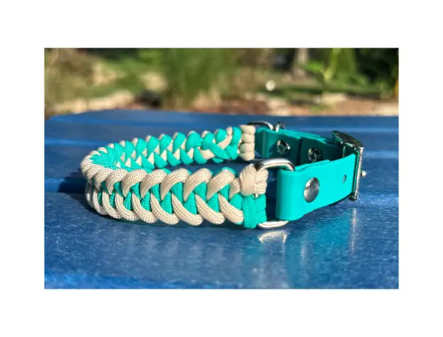 Fishtail Hand Braided Dog Collar in Teal & Cream Pawsh Pup Co.