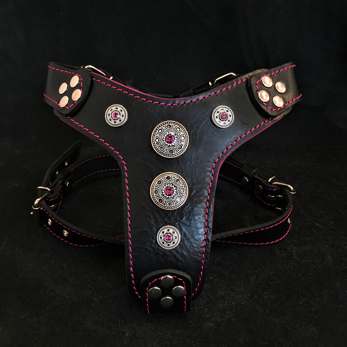 Bestia Bijou Leather Dog Harness – Black & Pink, Small–Medium Dogs