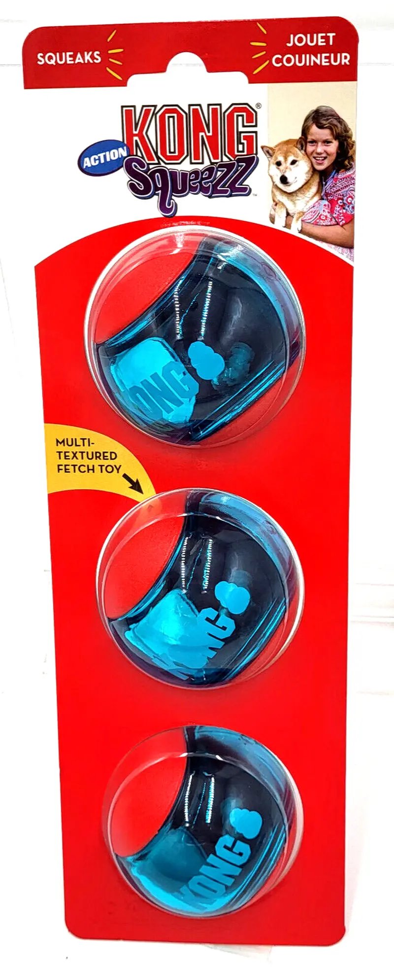 KONG Squeezz Action Ball MEDIUM Red 3 Pack Squeaky Dog Fetch Toy