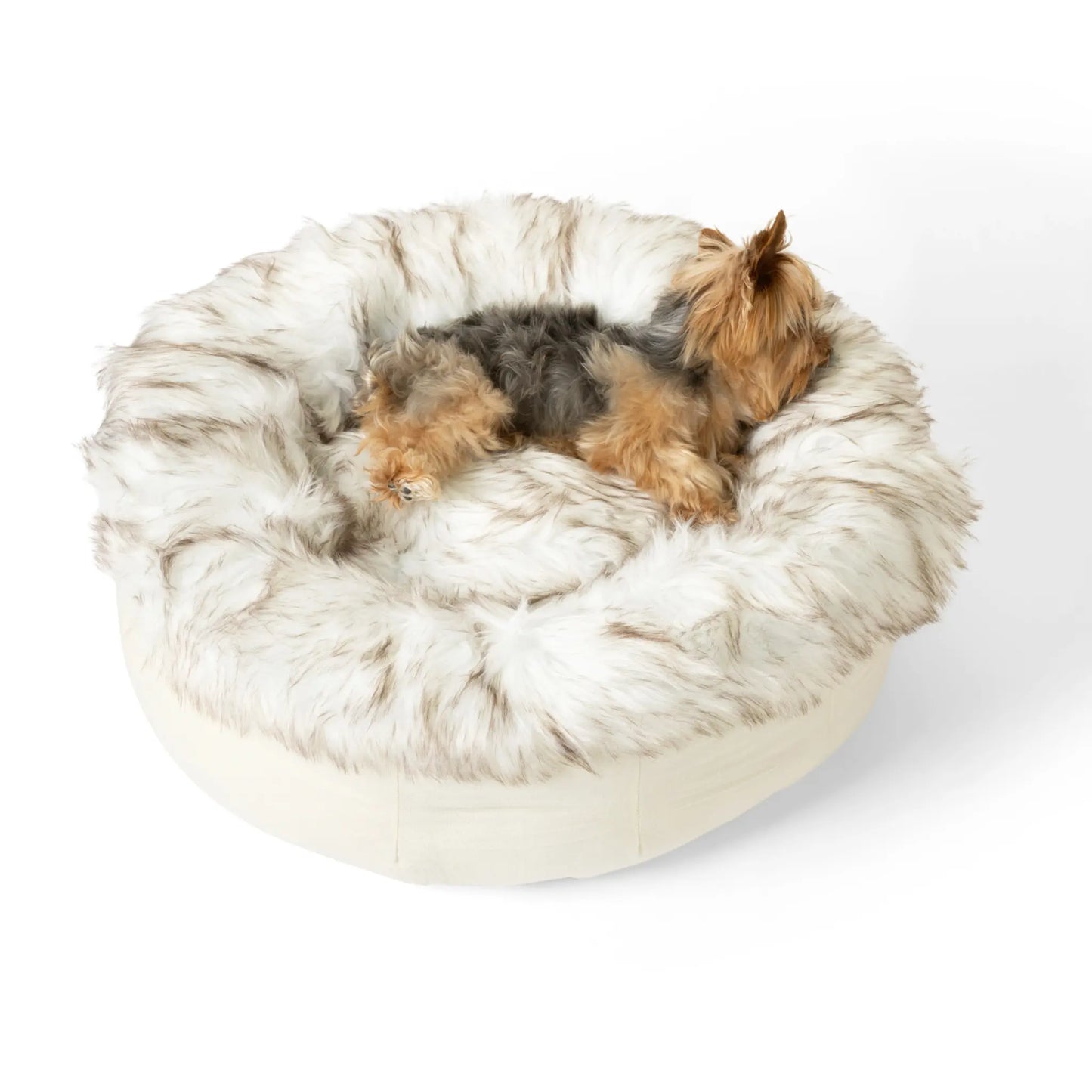 PupPouf™ Faux Fur Donut Dog Bed - White with Brown Accents Paw.com