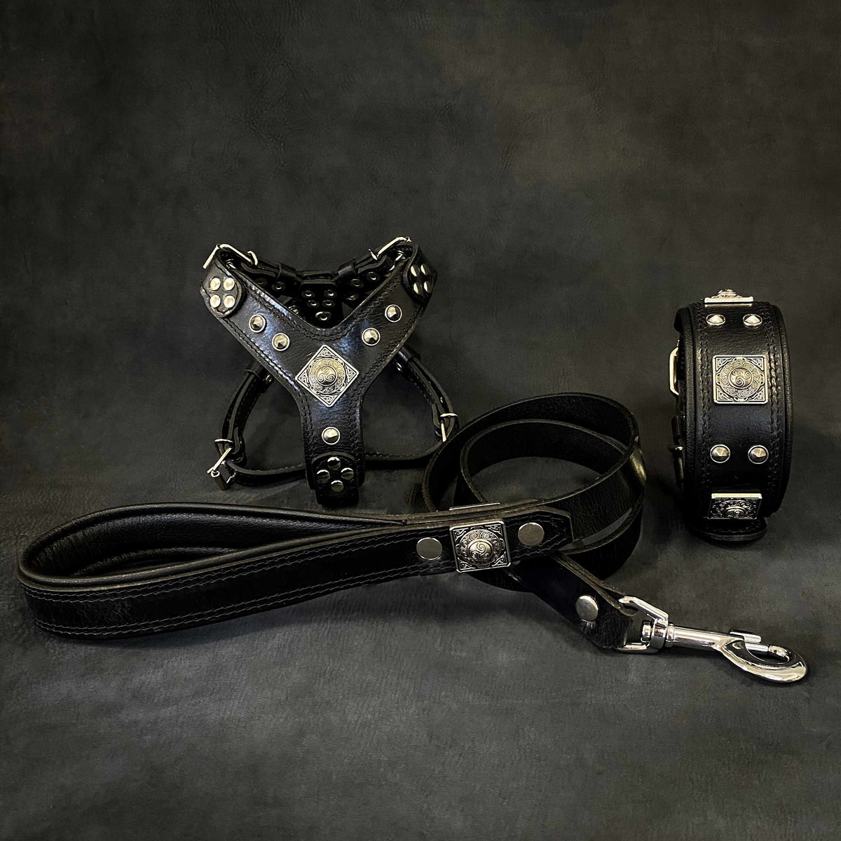 Bestia Eros Leather Harness, Collar & Leash Set – All Black, Small–Medium Dogs