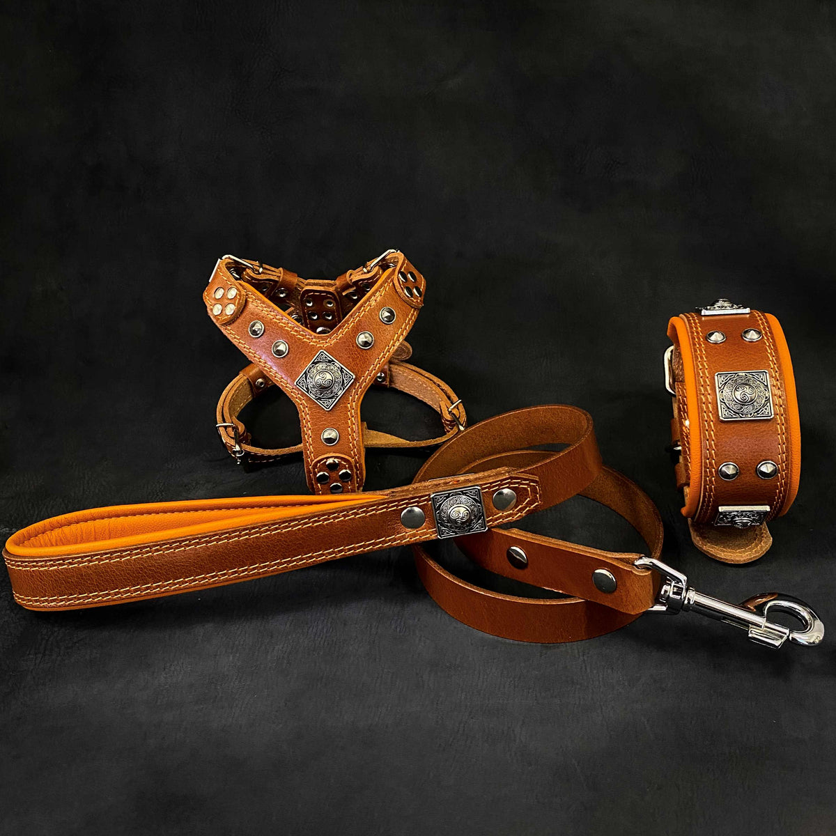 Bestia Eros Leather Harness, Collar & Leash Set – Brown, Small–Medium Dogs