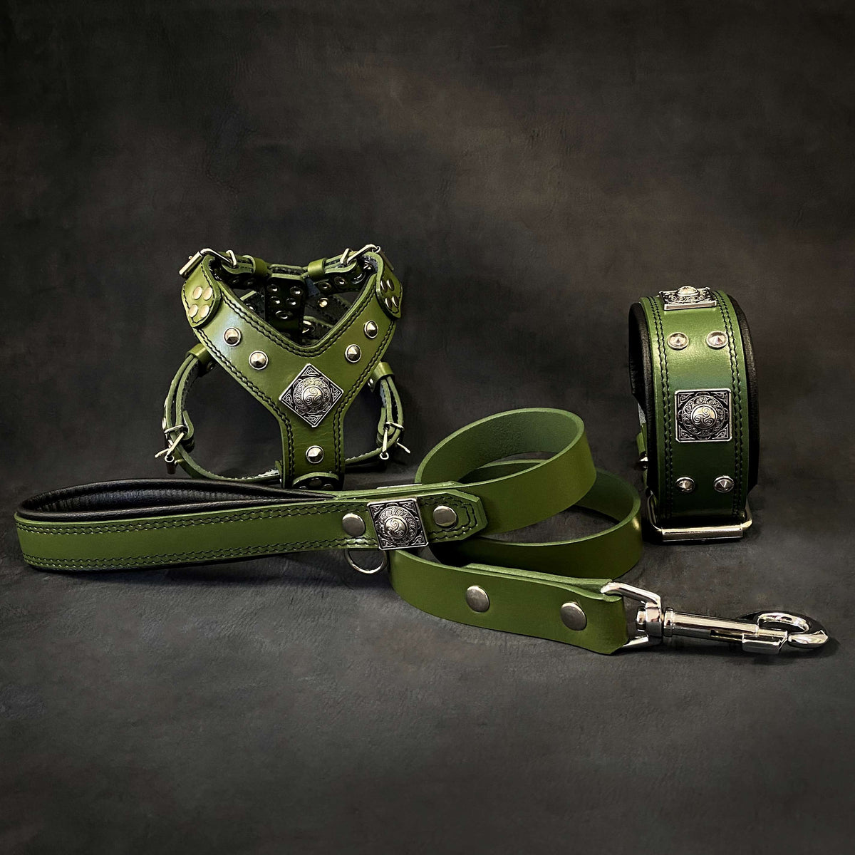 Bestia Eros Leather Harness, Collar & Leash Set – Green, Small–Medium Dogs