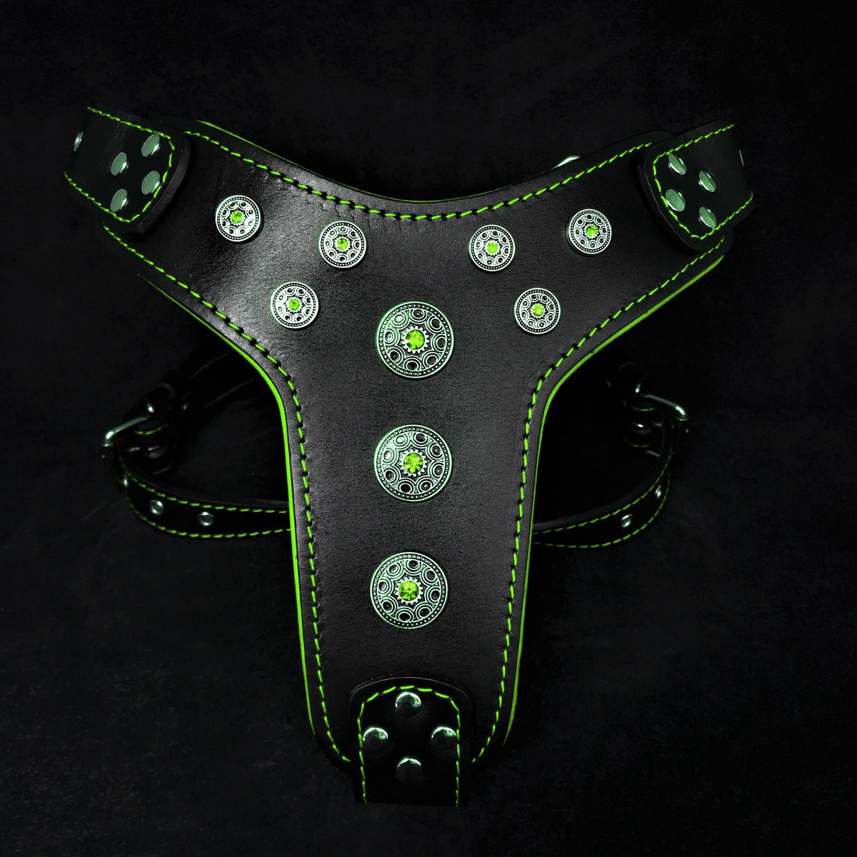 Bestia Bijou Leather Dog Harness – Black & Green, Large Breeds