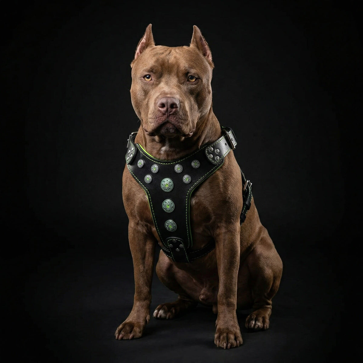 Bestia Bijou Leather Dog Harness – Black & Green, Large Breeds