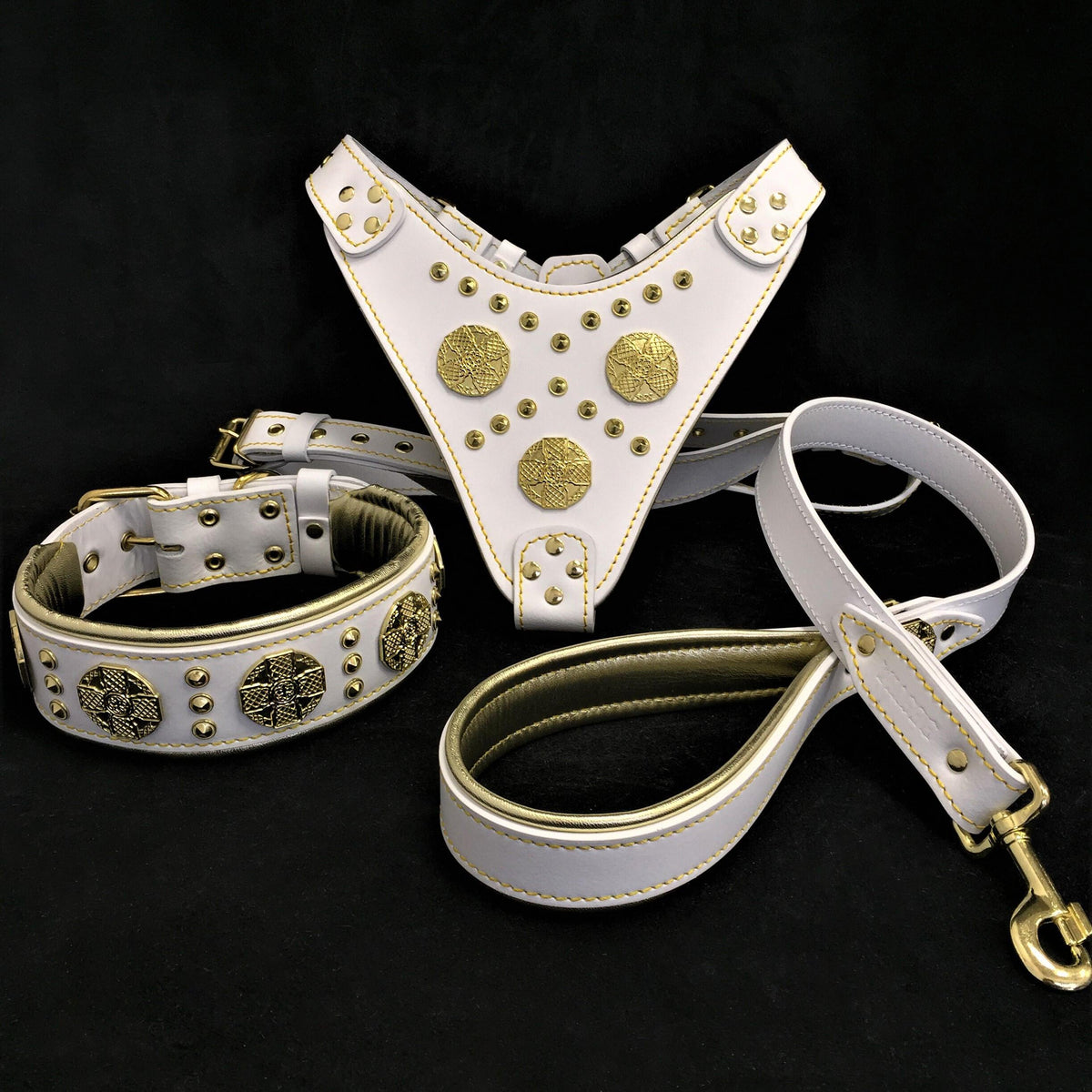 Bestia Maximus Leather Harness, Collar & Leash Set – White, Brass Rivets, Large Breeds
