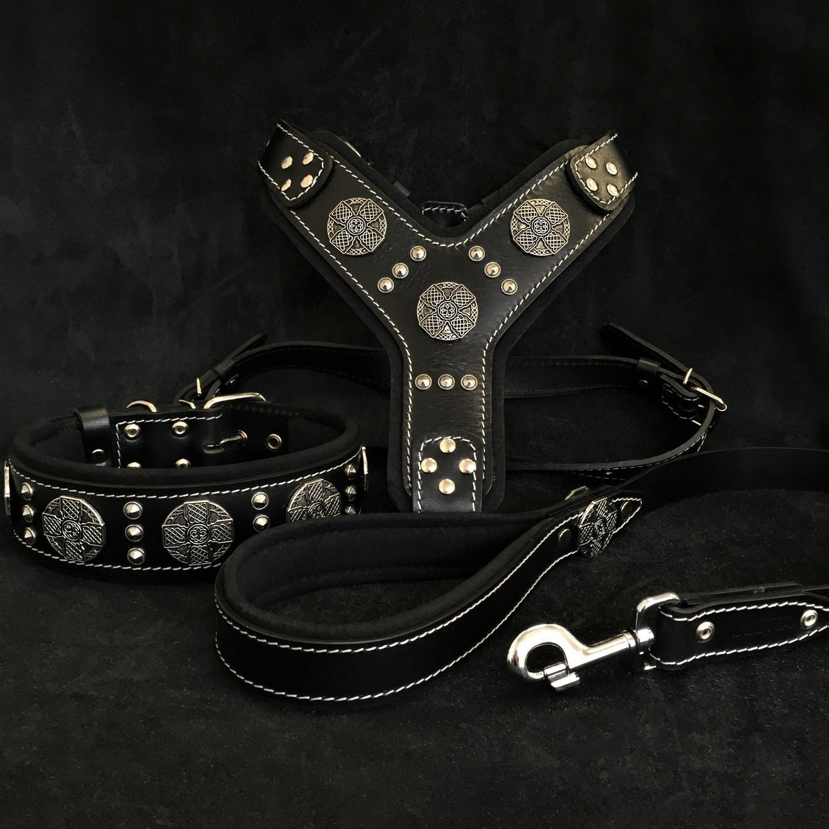 Bestia Maximus Silver Leather Harness, Collar & Leash Set – Black, Large Breeds