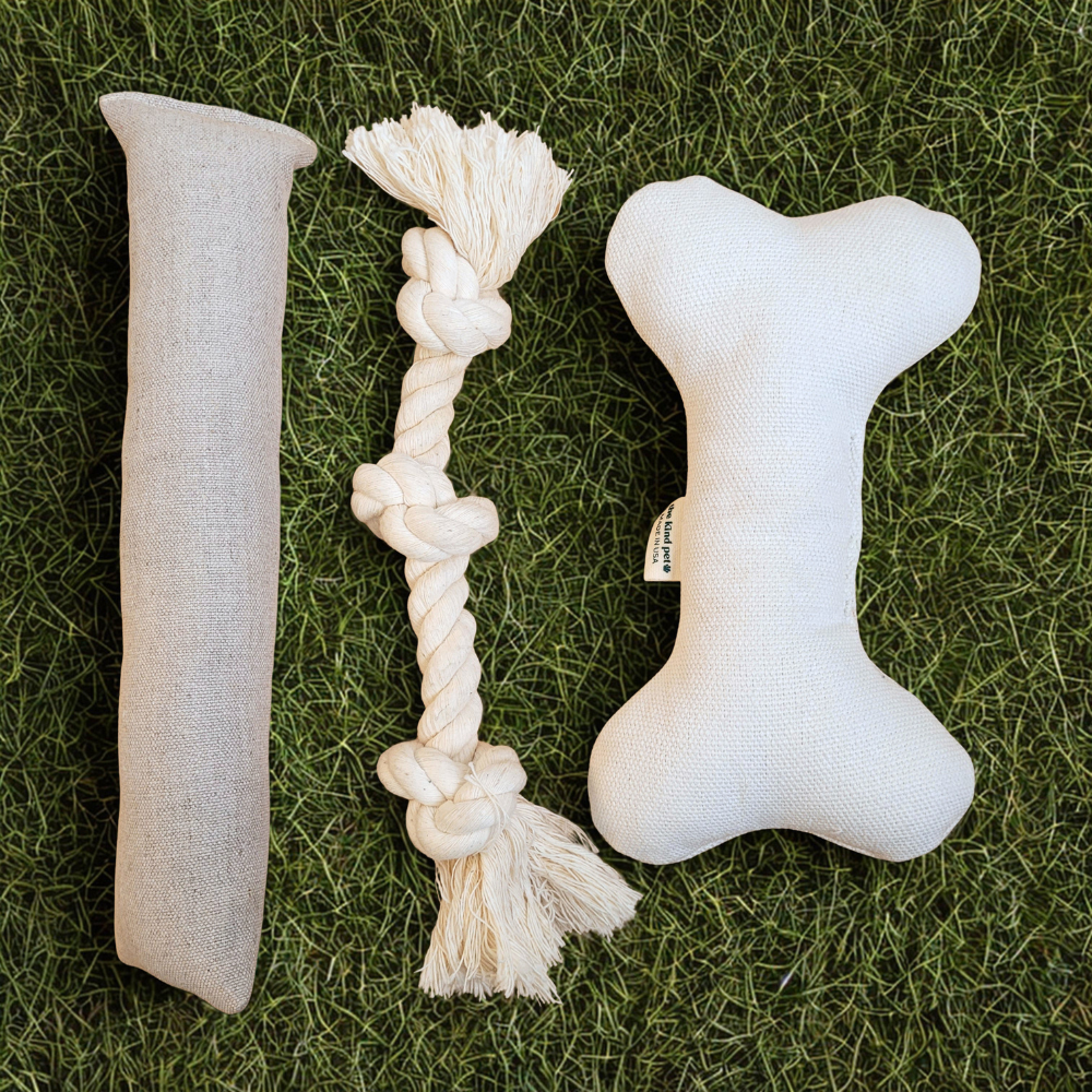 Natural Dog Toy Bundle for Cuddles, Fetch and Tugging - For Medium Sized Dogs