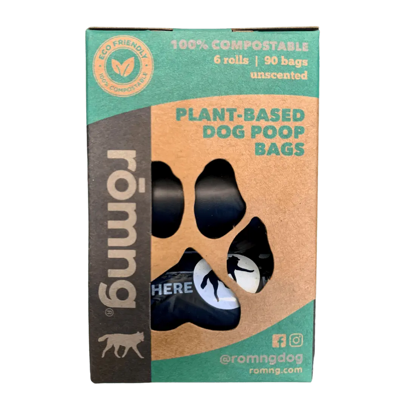 compostable plant-based dog poop bags + bamboo dispenser