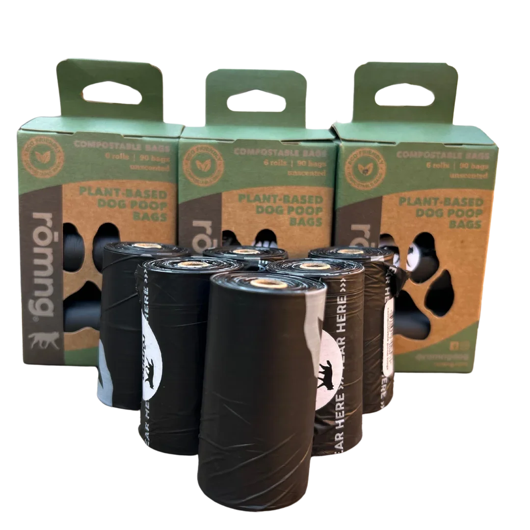 compostable plant-based dog poop bags by rōmng
