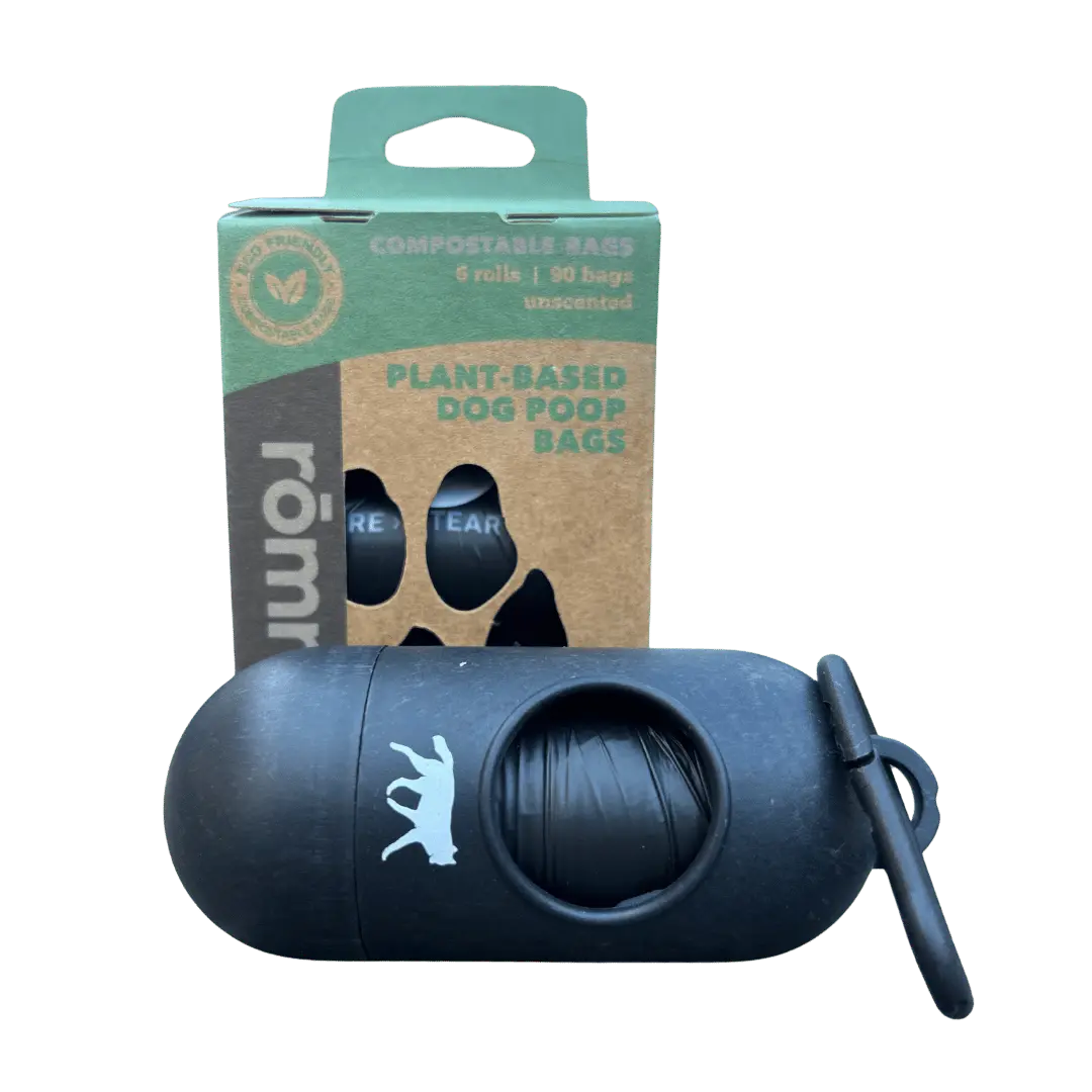 compostable plant-based dog poop bags + bamboo dispenser rōmng