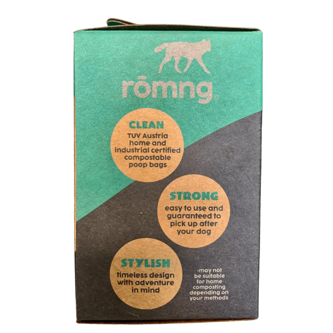 compostable plant-based dog poop bags + bamboo dispenser rōmng