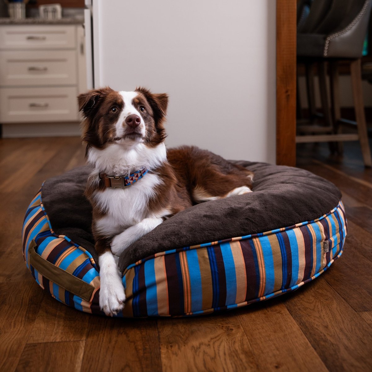 Dog curled up in the Round Stripe Dog Bed with Fur