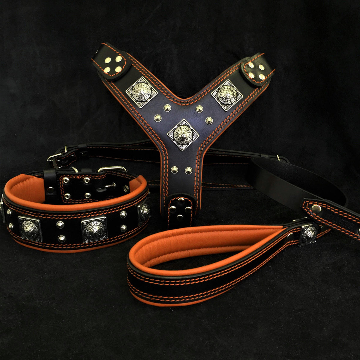 Bestia Eros Leather Harness, Collar & Leash Set – Black & Orange, Large Breeds