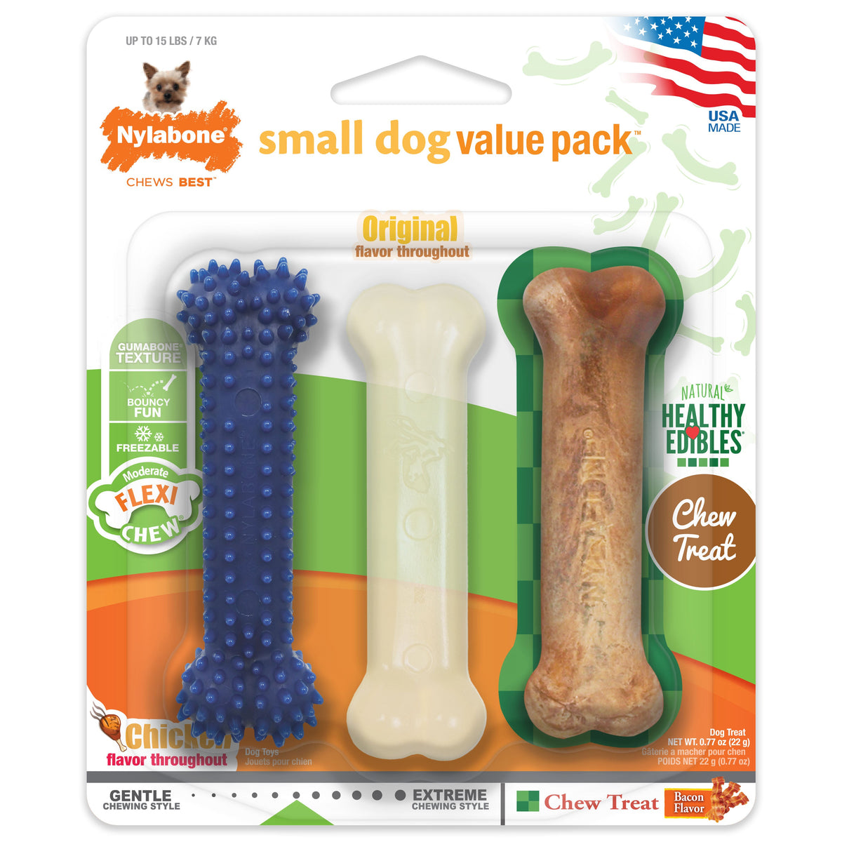 Nylabone Small Dog Value Pack 1ea Dental Chew/Edible Bacon/Flexi Original